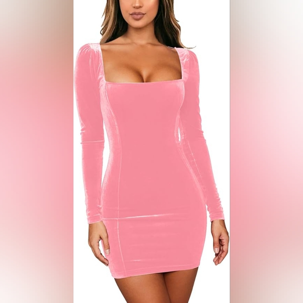 Pink Velour long sleeve Square neck dress size M